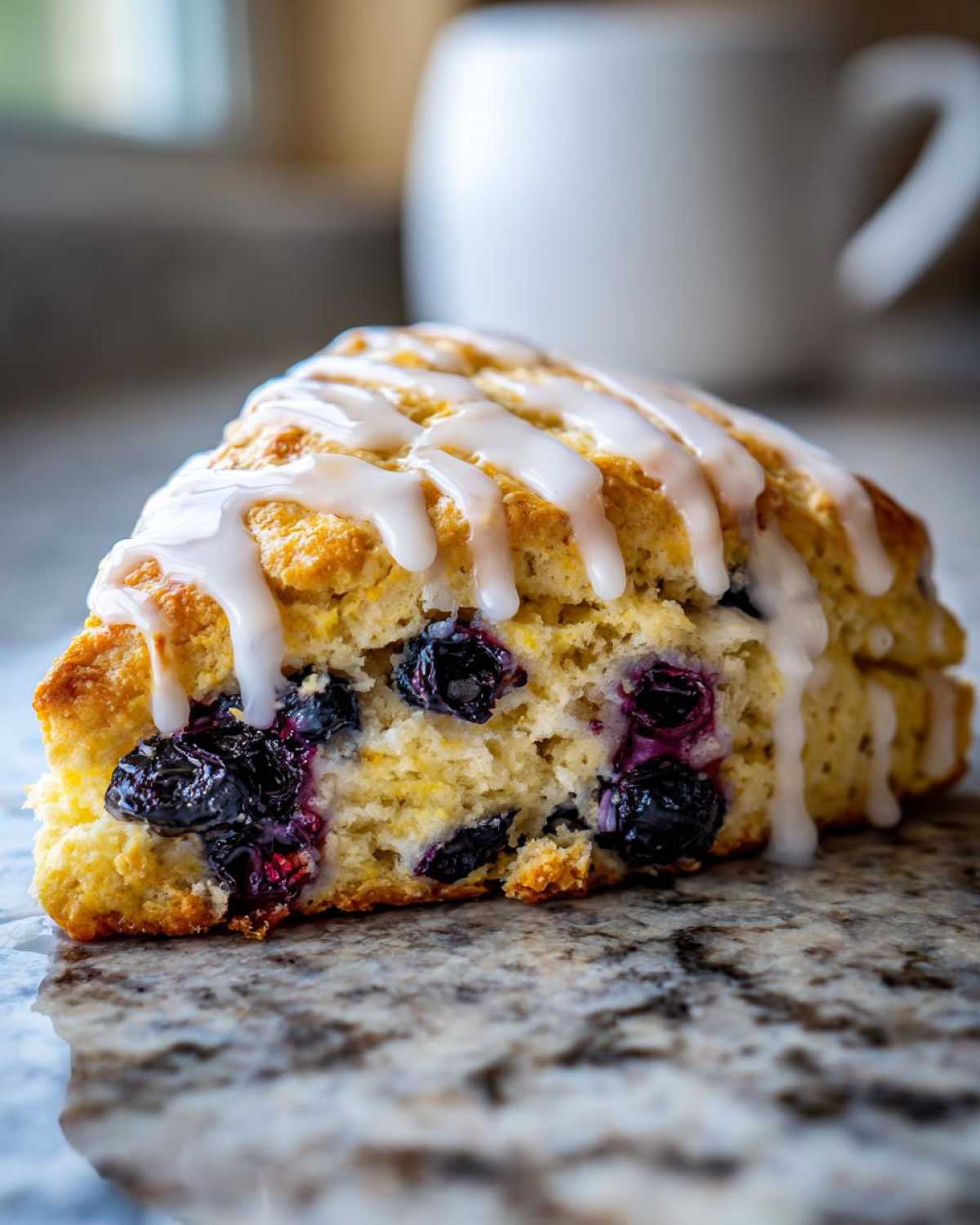 A close-up cross-section of a tall, flaky blueberry scone drizzled with white icing.