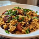 A close-up of a bowl of savory black beans and rice mixed with sliced sausage and topped with fresh cilantro.