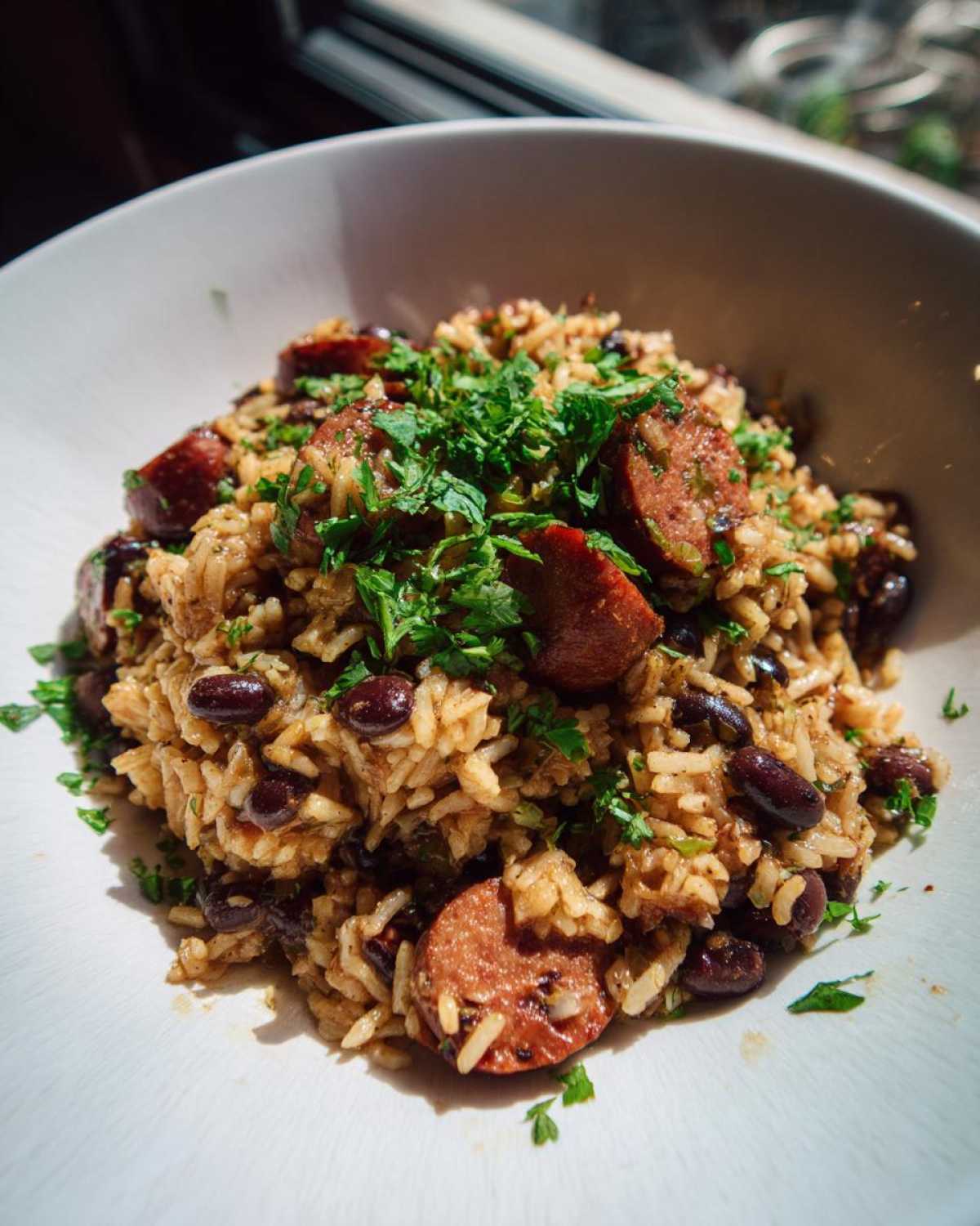 A hearty bowl of seasoned black beans and rice mixed with sliced sausage and topped with fresh parsley.