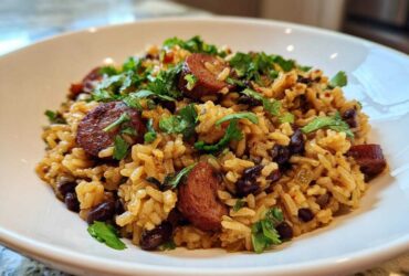 A close-up of a bowl of savory black beans and rice mixed with sliced sausage and topped with fresh cilantro.