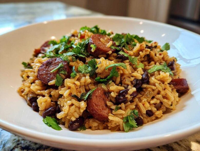 A close-up of a bowl of savory black beans and rice mixed with sliced sausage and topped with fresh cilantro.