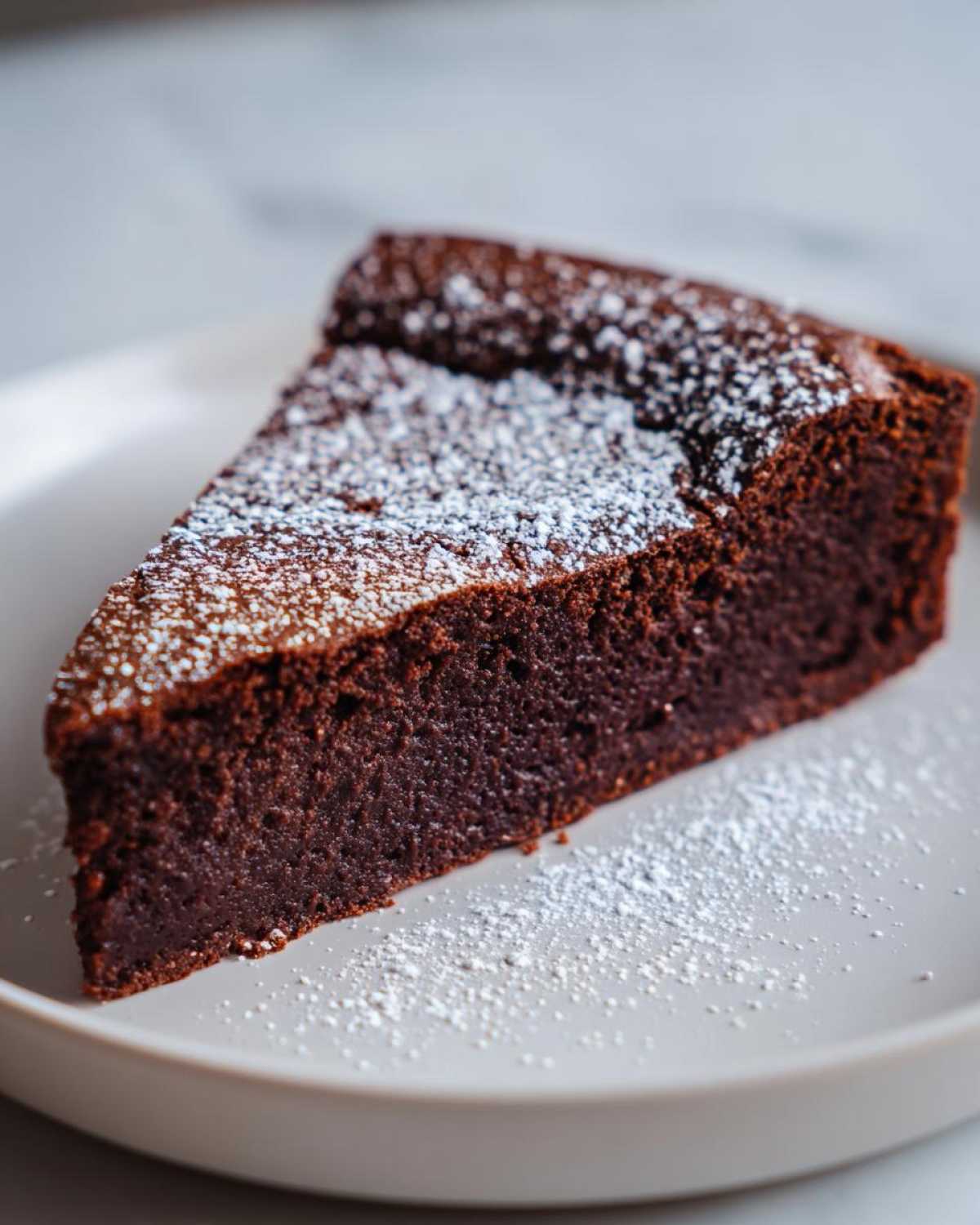 A close-up of a dense, dark slice of flourless chocolate torte dusted lightly with powdered sugar on a pale plate.
