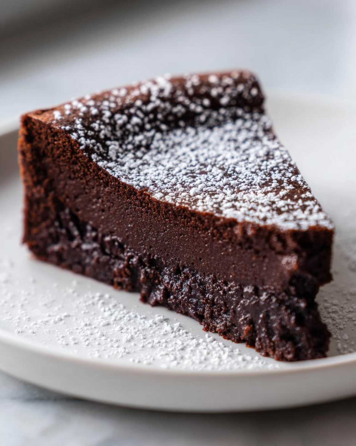 A close-up of a rich, dark slice of flourless chocolate torte dusted generously with powdered sugar on a white plate.