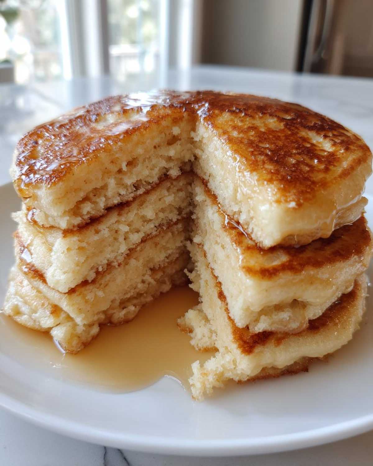 Close-up of a stack of fluffy almond flour pancakes with a slice cut out, drizzled generously with maple syrup.