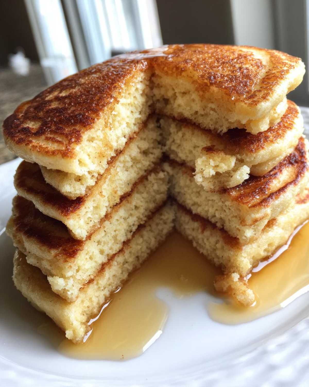 Close-up of a tall stack of fluffy almond flour pancakes, cut to show the interior texture, drizzled with maple syrup.
