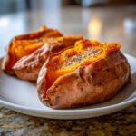 Close-up of a fluffy baked sweet potato split open and seasoned with salt and pepper.