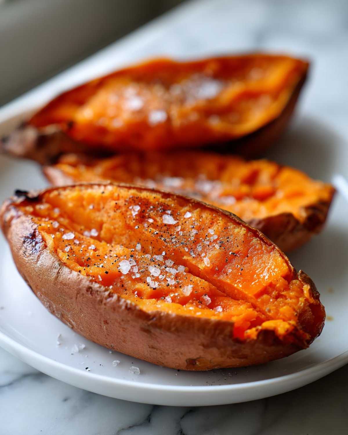 Close-up of a fluffy baked sweet potato, split open and topped generously with flaky sea salt and cracked black pepper.