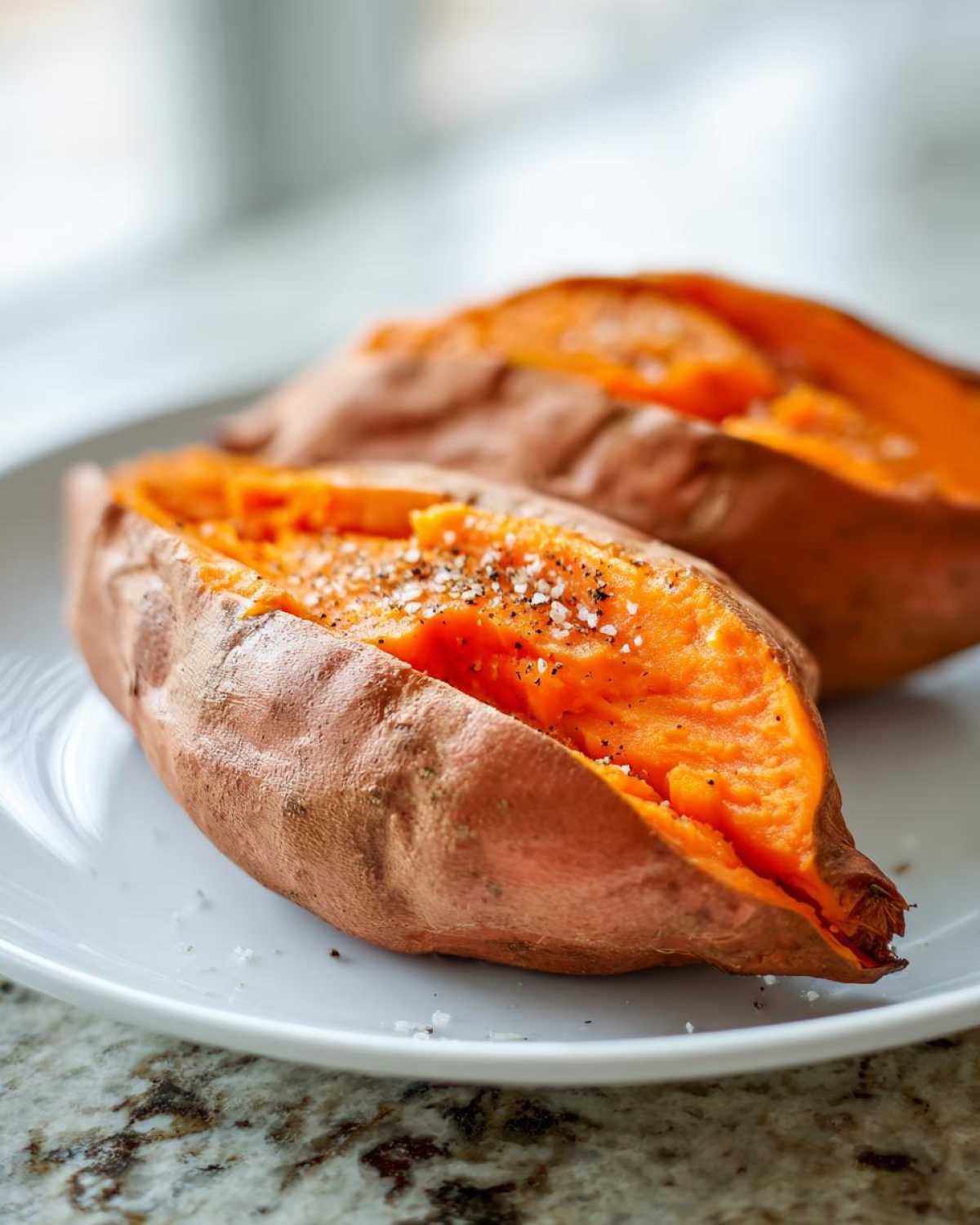 Two halves of a fluffy baked sweet potato, seasoned with coarse salt and pepper, served on a white plate.