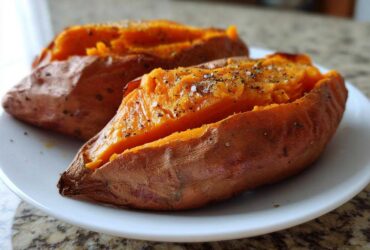 Close-up of a fluffy baked sweet potato, split open and seasoned with coarse salt and black pepper.