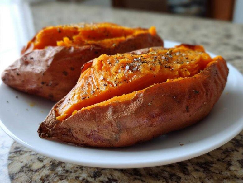 Close-up of a fluffy baked sweet potato, split open and seasoned with coarse salt and black pepper.