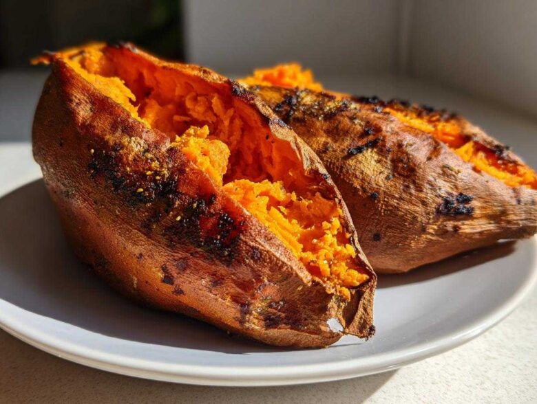 Two perfectly baked sweet potatoes split open showing fluffy orange interior.