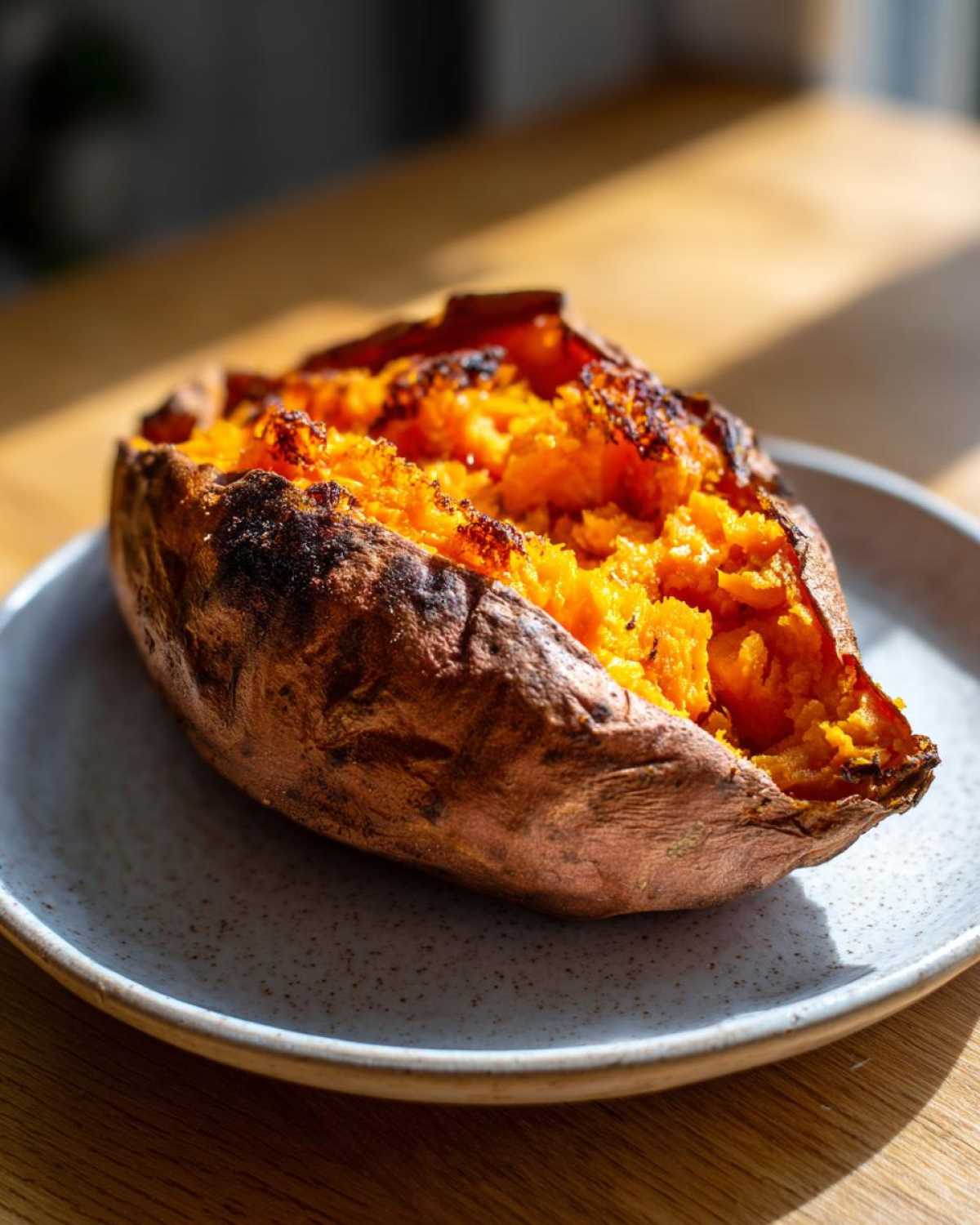 A close-up of a fluffy baked sweet potatoes, split open to show the bright orange interior.