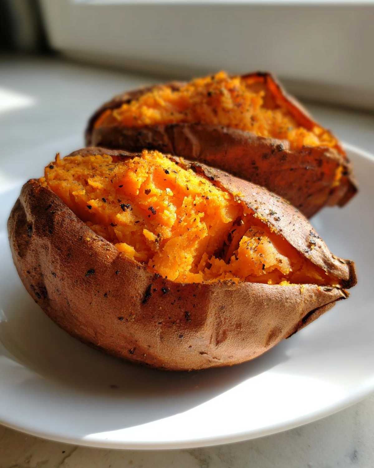 Two fluffy baked sweet potatoes, split open and seasoned, resting on a white plate.