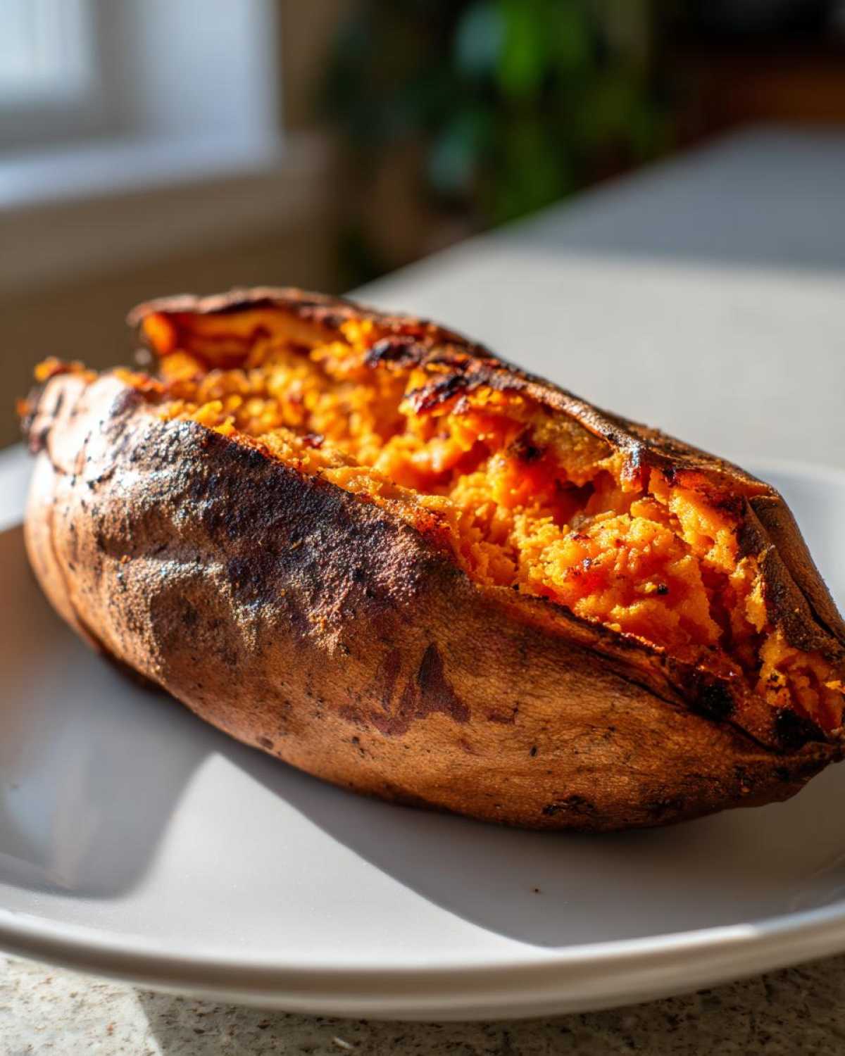 A perfectly baked sweet potato, split open to show fluffy orange interior, resting on a white plate.
