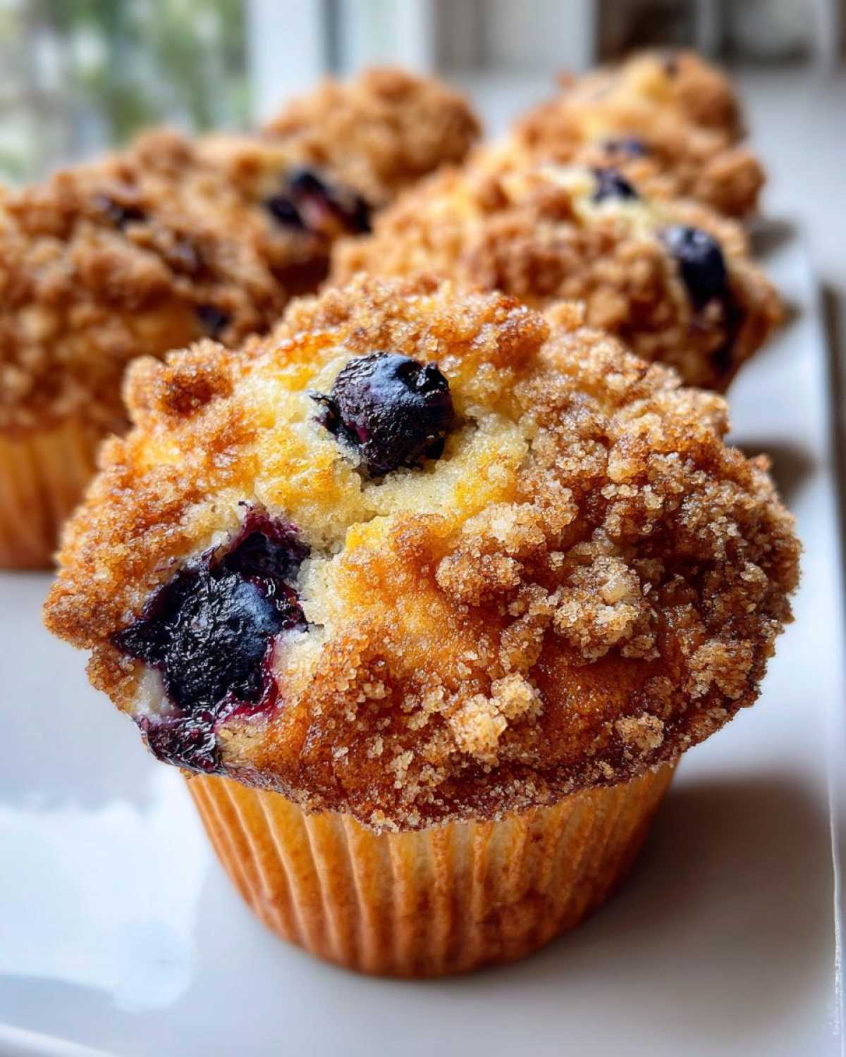 Close-up of a perfectly baked blueberry muffin topped with brown sugar streusel, highlighting its fluffy texture.