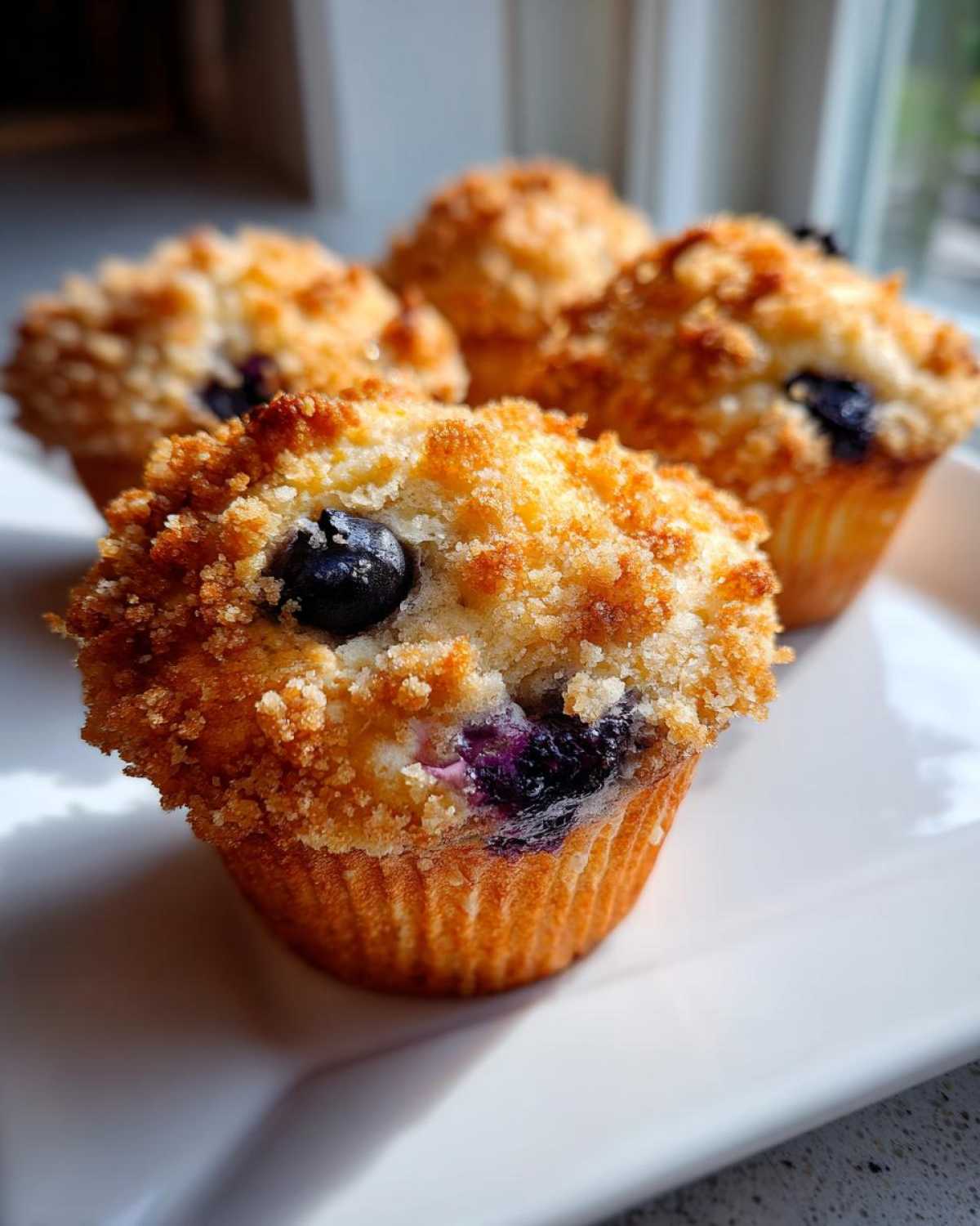 Close-up of a fresh, golden blueberry muffin topped with a generous, crunchy streusel topping.