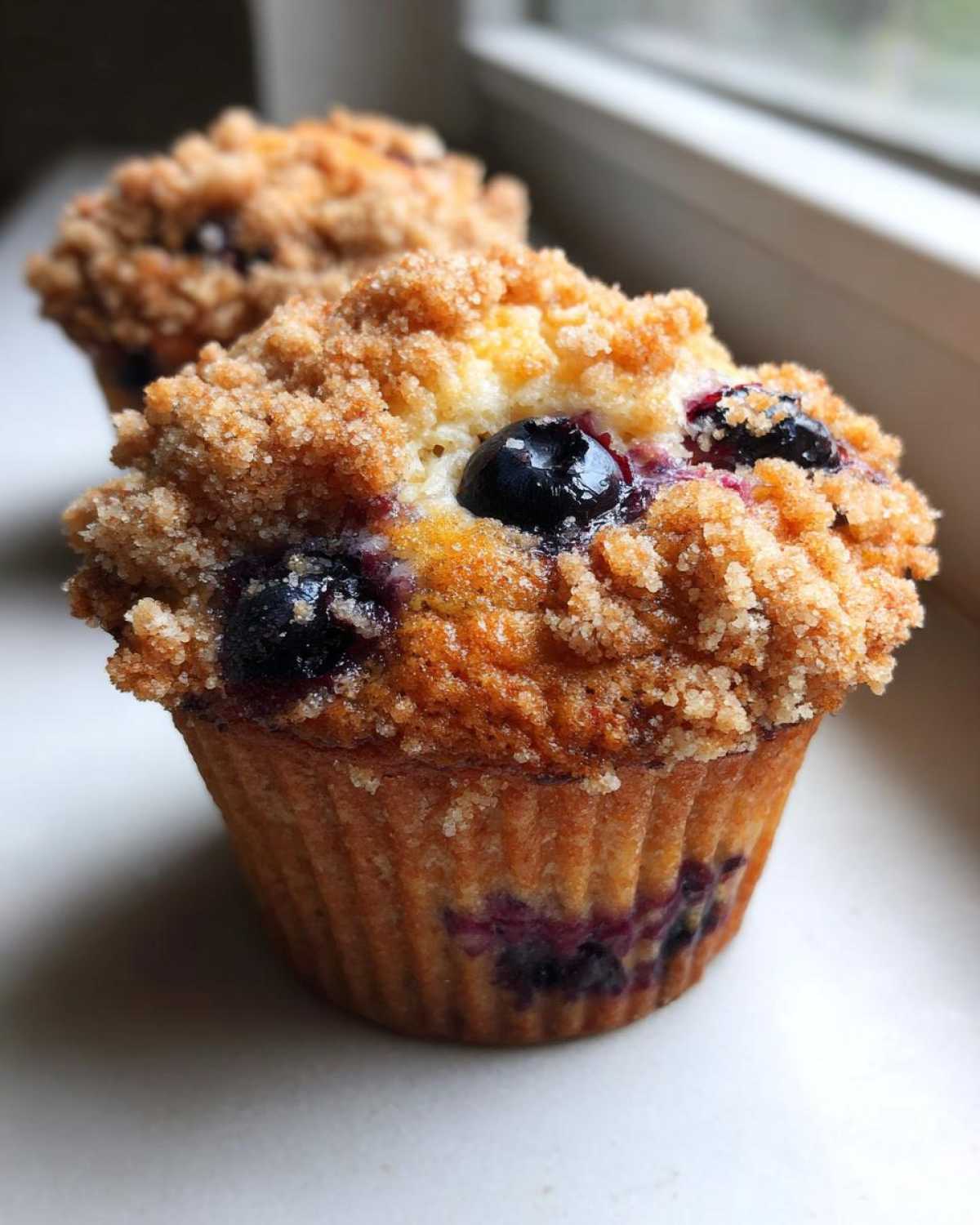 Close-up of a fluffy blueberry muffin topped with brown sugar streusel, featuring visible whole blueberries.