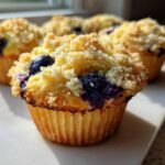 Close-up of several fluffy blueberry muffins topped with a sweet crumb streusel, highlighted by natural light.
