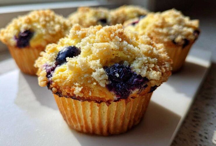 Close-up of several fluffy blueberry muffins topped with a sweet crumb streusel, highlighted by natural light.