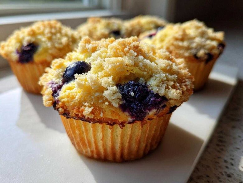 Close-up of several fluffy blueberry muffins topped with a sweet crumb streusel, highlighted by natural light.