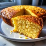 A close-up view of a fluffy slice of buttermilk cornbread resting on a white plate.