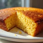A close-up of a slice cut from a round buttermilk cornbread, showing its fluffy yellow interior and golden-brown crust.