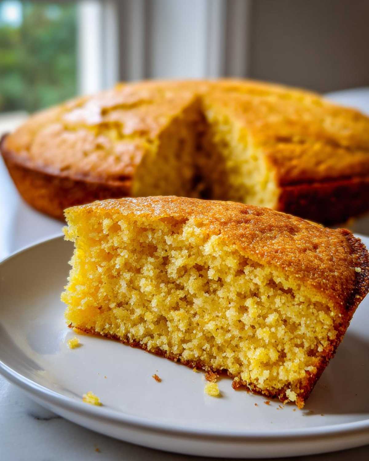 Close-up of a fluffy slice of buttermilk cornbread with a golden crust, set before the rest of the round loaf.
