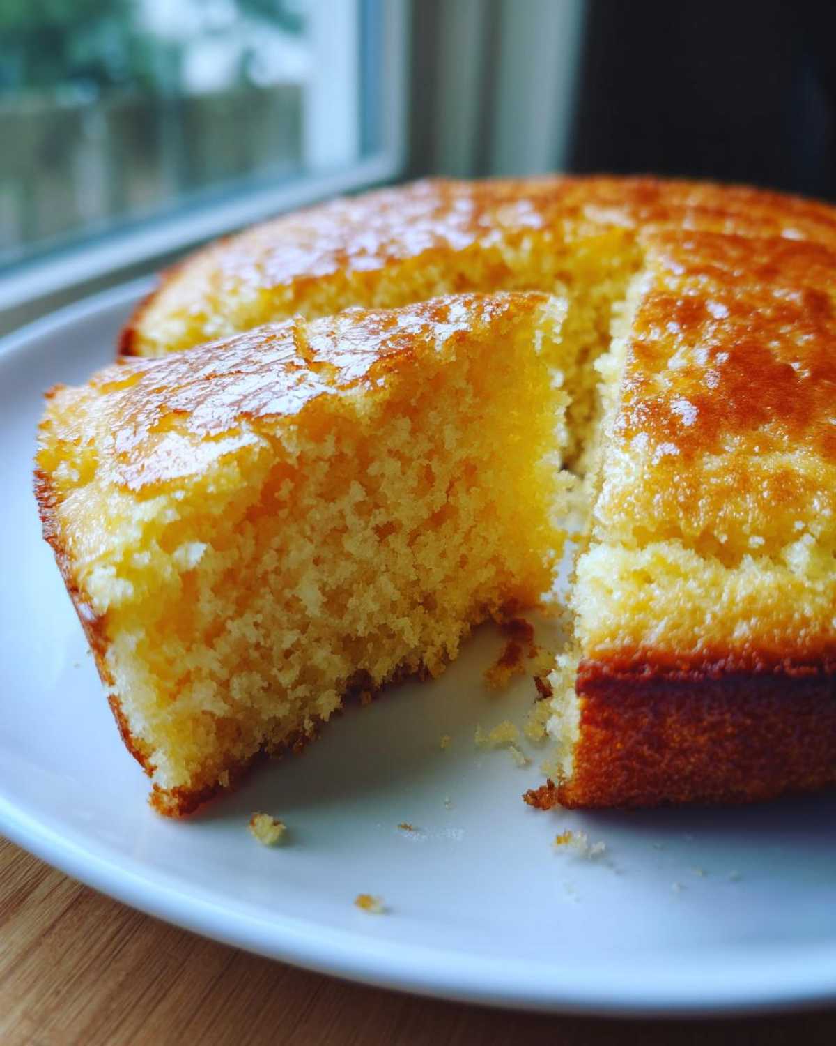 Close-up of a fluffy slice of buttermilk cornbread on a white plate, showing its moist, yellow crumb and golden, glazed top.