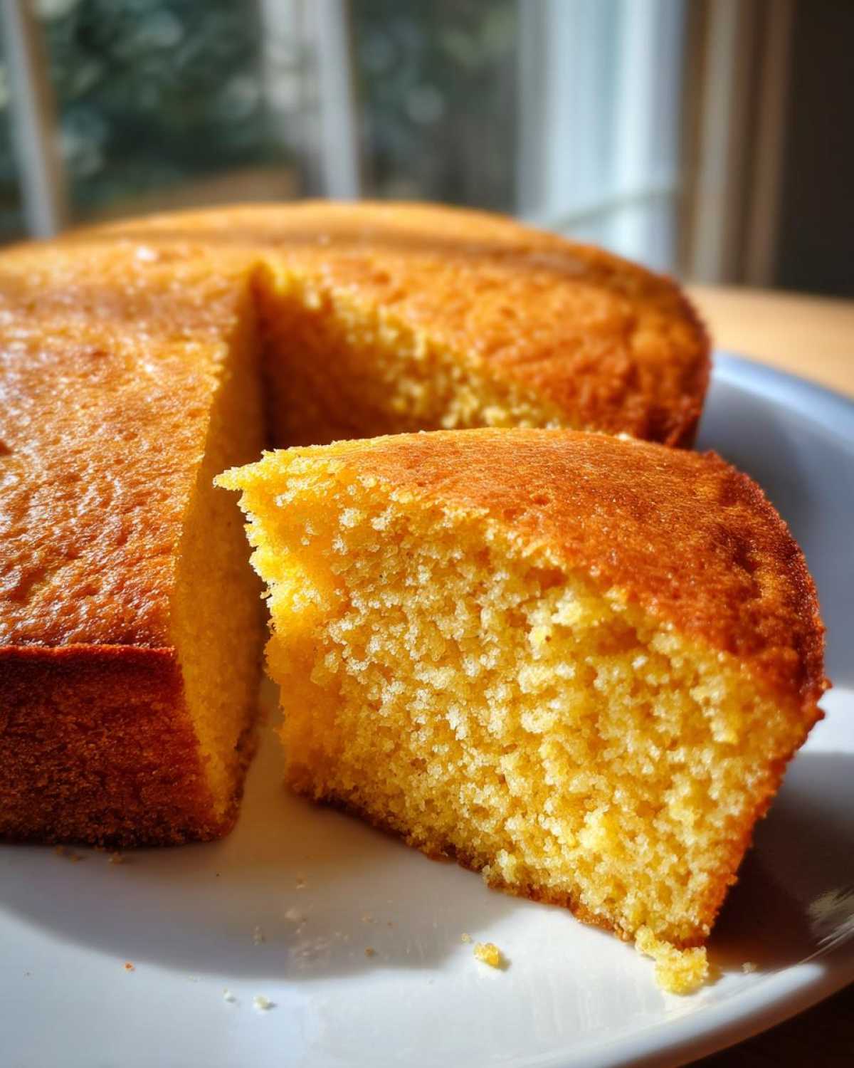 Close-up of a fluffy slice of golden buttermilk cornbread pulled from the whole cake on a white plate.