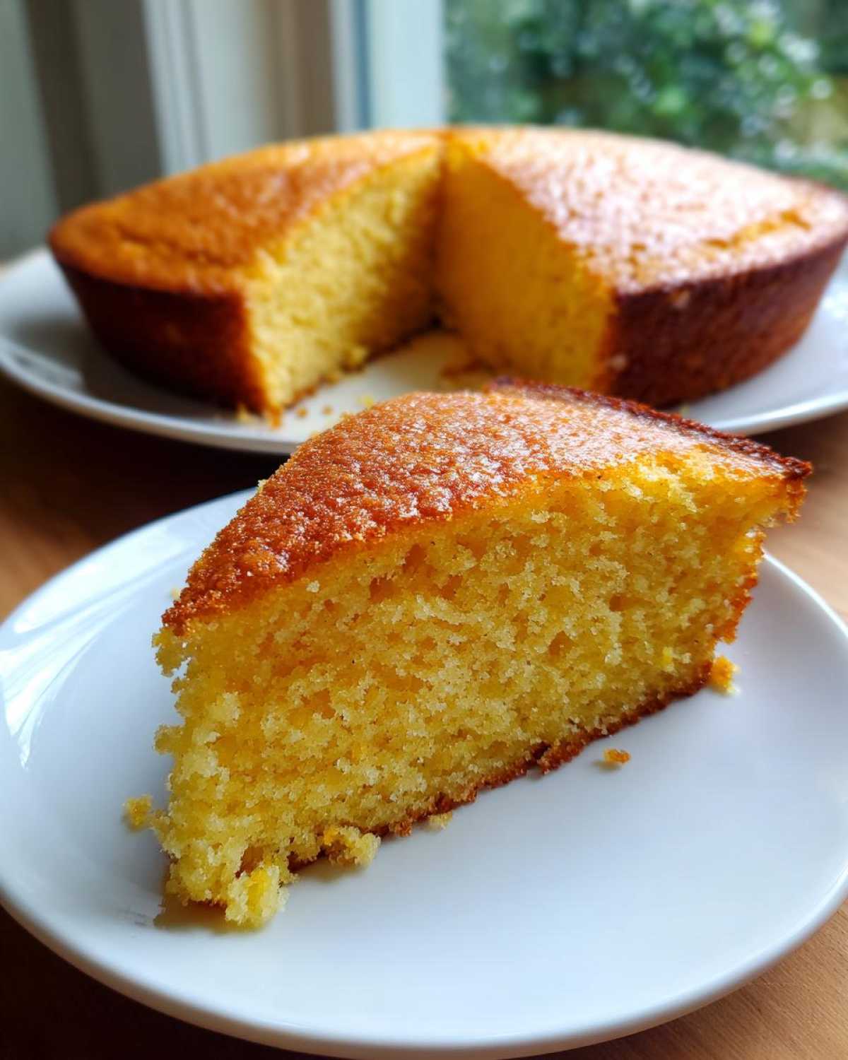 A close-up of a fluffy slice of buttermilk cornbread served on a white plate, with the rest of the round loaf blurred in the background.