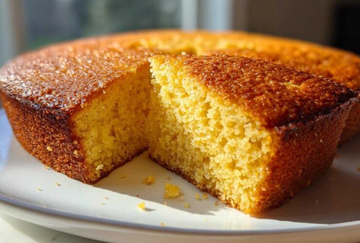 A close-up of a slice cut from a round buttermilk cornbread, showing its fluffy yellow interior and golden-brown crust.