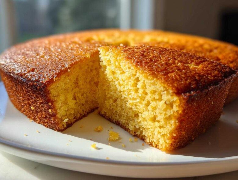 A close-up of a slice cut from a round buttermilk cornbread, showing its fluffy yellow interior and golden-brown crust.