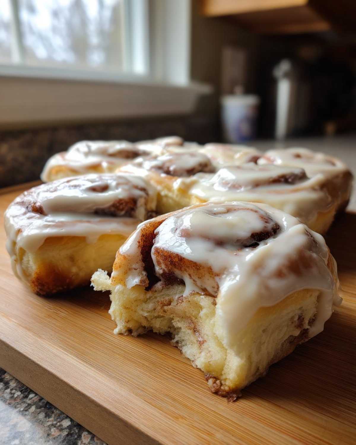 Close-up of a fluffy, freshly baked cinnamon roll with thick white icing, one piece having a bite taken out.