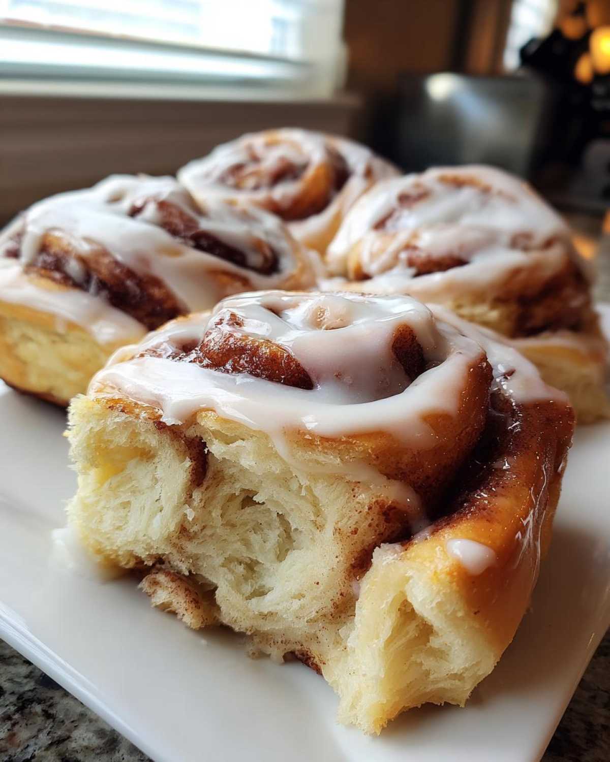 A close-up of a fluffy cinnamon roll, torn open to show the soft interior, covered in white icing.