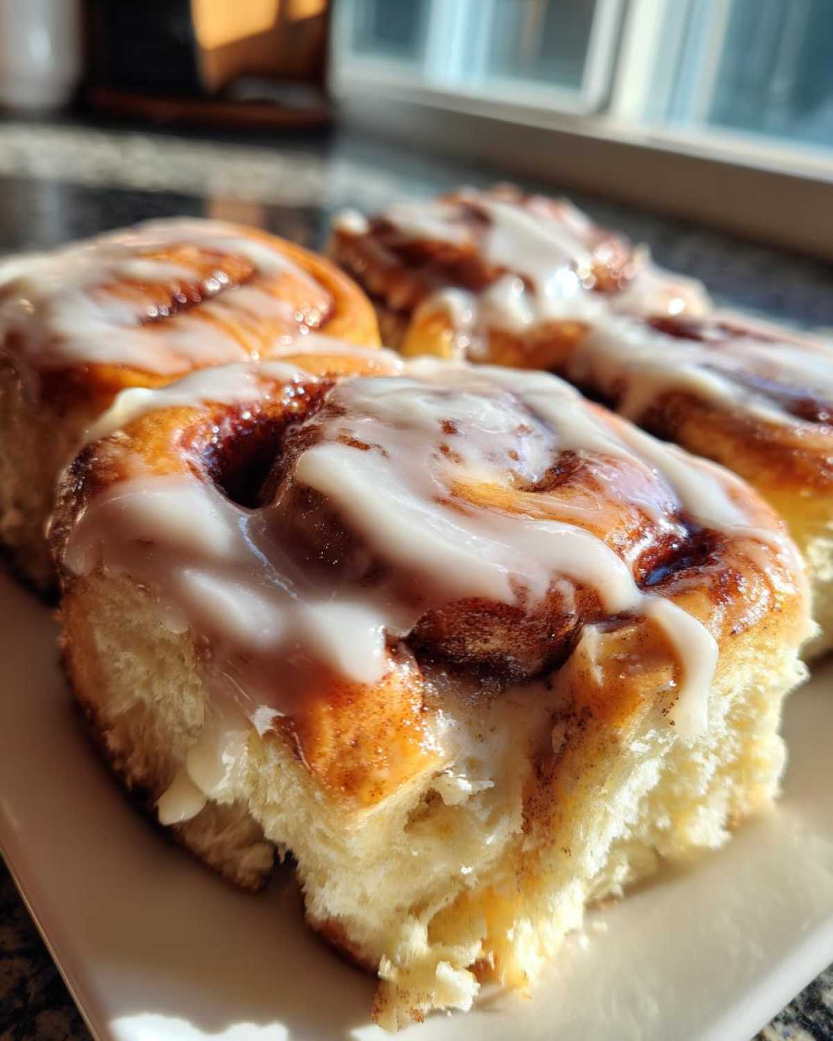 Close-up of a fluffy cinnamon roll generously topped with white cream cheese icing, highlighting the soft texture.