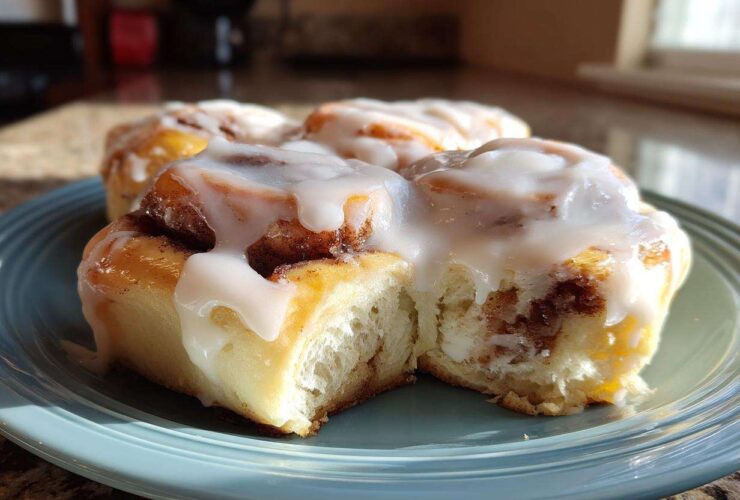 Close-up of a fluffy cinnamon roll topped with thick, white icing, sitting on a blue plate.