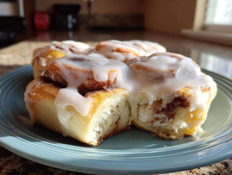 Close-up of a fluffy cinnamon roll topped with thick, white icing, sitting on a blue plate.