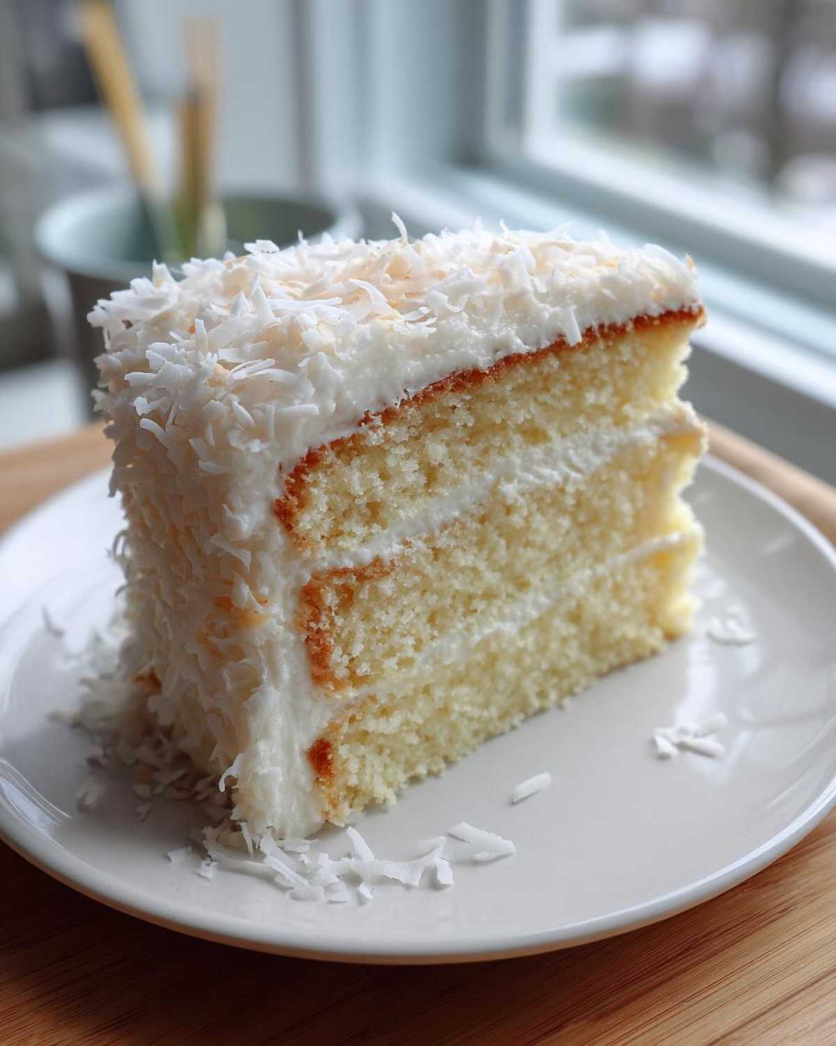 A moist slice of fluffy coconut cake layered with white frosting and generously topped with shredded coconut.