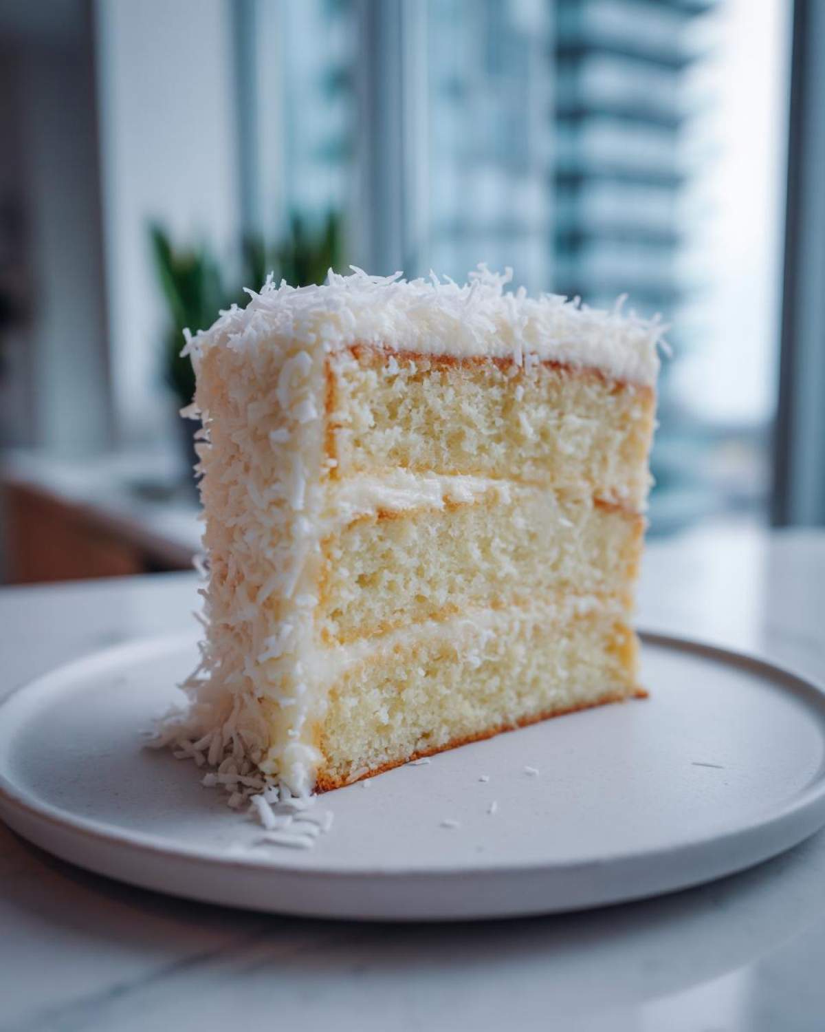 A tall, three-layer slice of fluffy coconut cake covered in white frosting and shredded coconut.