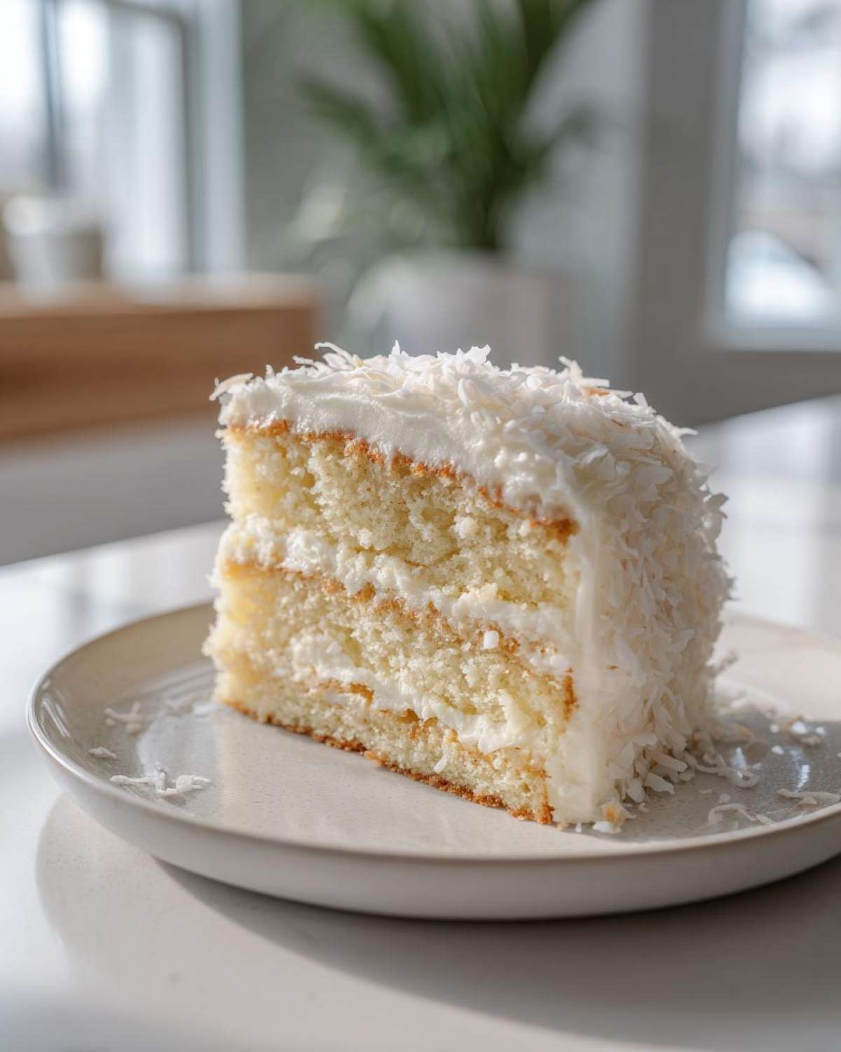 A delicious slice of fluffy coconut cake layered with white frosting and covered in shredded coconut.