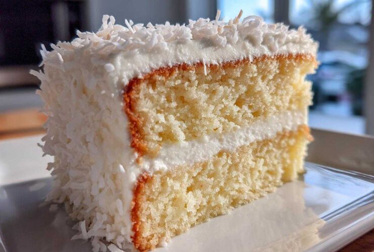 Close-up of a fluffy slice of coconut cake layered with white frosting and covered in shredded coconut.