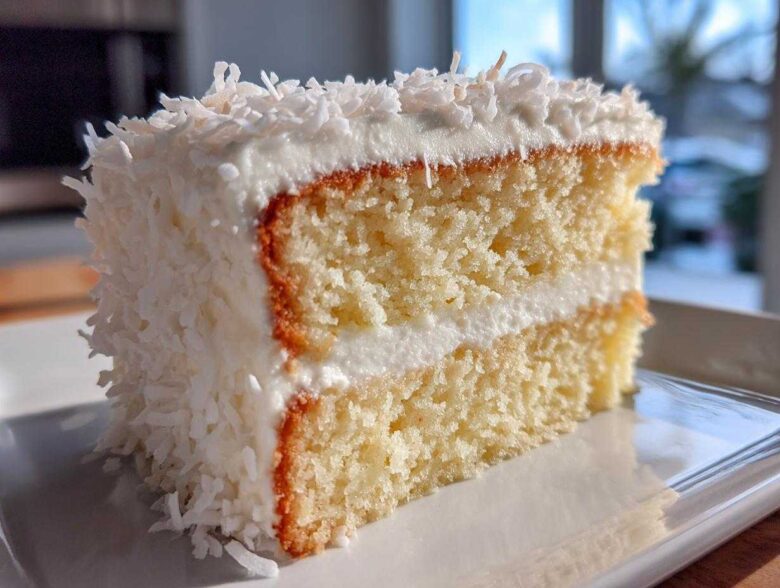 Close-up of a fluffy slice of coconut cake layered with white frosting and covered in shredded coconut.