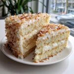 Two slices of fluffy coconut cake layered with white frosting and topped with toasted coconut flakes.