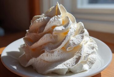 Close-up of a perfectly piped swirl of white, fluffy cream cheese frosting on a small white plate.