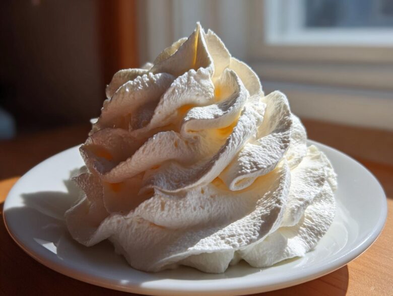 Close-up of a perfectly piped swirl of white, fluffy cream cheese frosting on a small white plate.