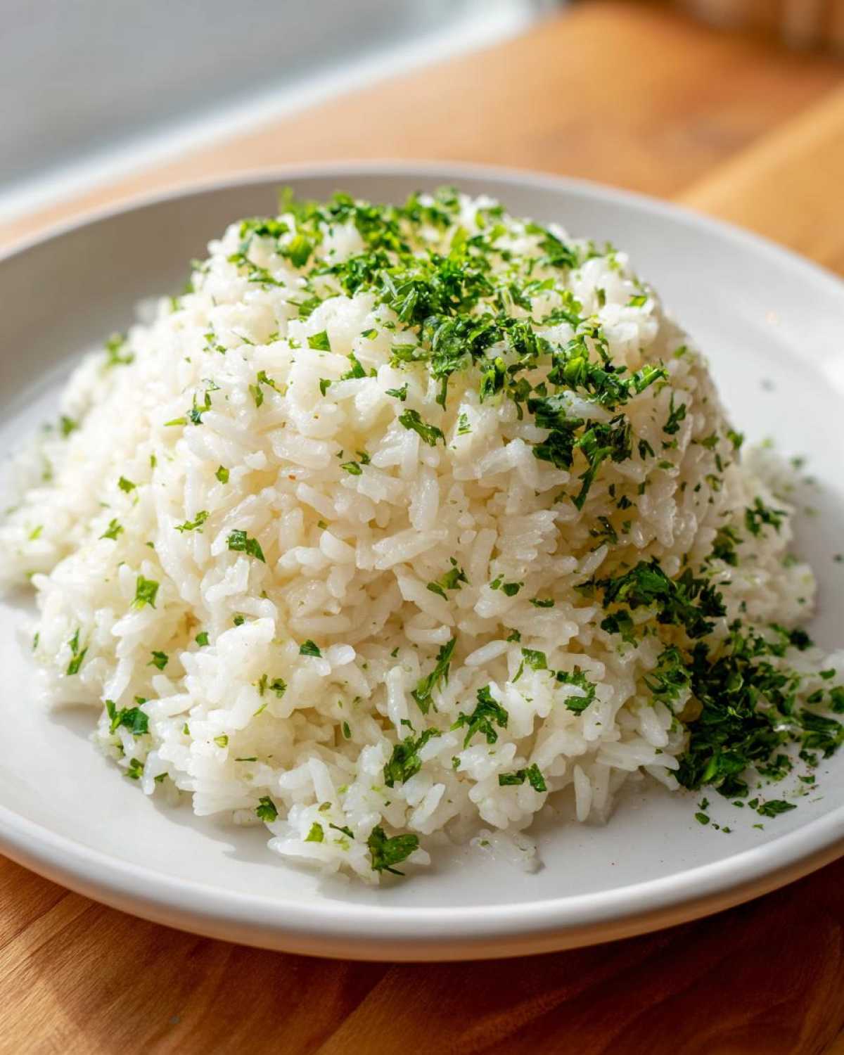 A mound of fluffy white garlic butter rice garnished generously with fresh chopped parsley on a white plate.