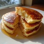 A stack of fluffy greek yogurt pancakes, cut open to show the airy interior, drizzled with syrup.