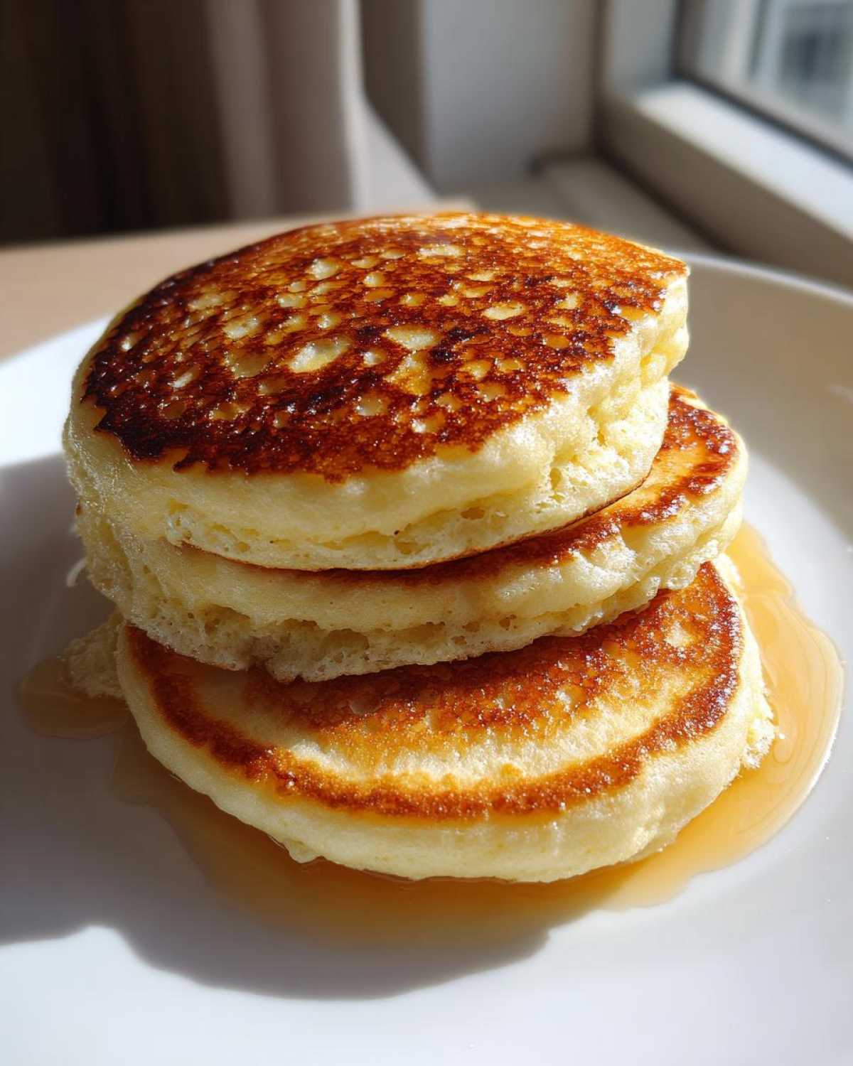 A stack of three fluffy greek yogurt pancakes, golden brown and drizzled with syrup on a white plate.