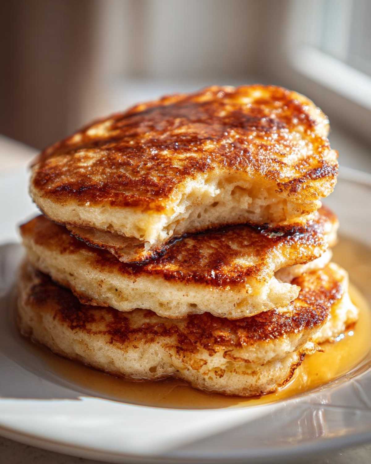 Close-up of a stack of three fluffy greek yogurt pancakes drizzled with syrup, showing a bite taken out of the top one.