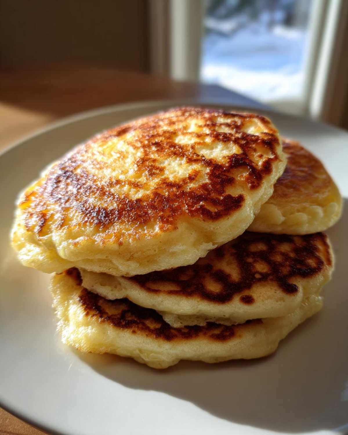 A close-up stack of three golden-brown, fluffy greek yogurt pancakes on a white plate.